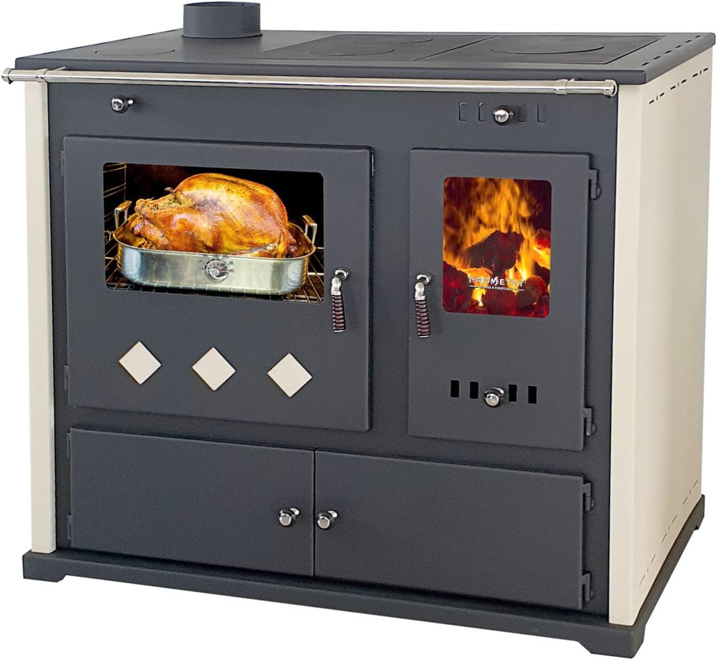 Kaminofen mit Backfach und Herdplatte Pracktik Lux Beige LINKS Holzofen 9