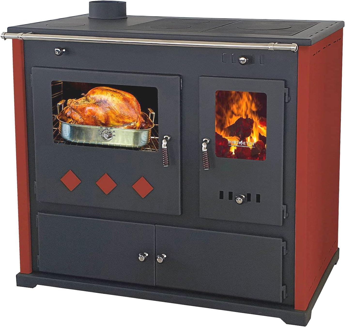 Kaminofen mit Backfach und Herdplatte Pracktik Lux Rot LINKS Holzofen 9